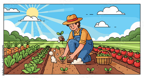 Farmer Tending to Vegetable Garden Crops.
