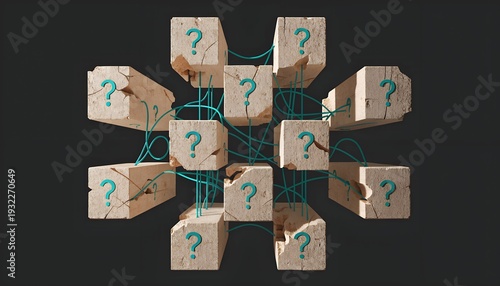 Wooden Blocks with Teal Question Marks Connected by Strings – Grid Pattern on Dark Background – Strategy, Abstract, Conceptual, Business, Complexity, Inquiry, Problem-Solving, Puzzle, Knowledge