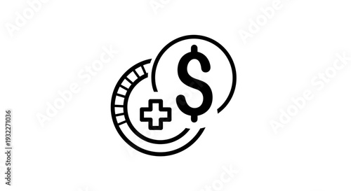 Healthcare Cost Icon: Dollar Sign and Plus Symbol on Coin, Medical Finance Concept