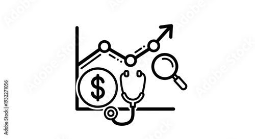 Healthcare Finance Growth Chart with Stethoscope Icon, Dollar Sign, and Magnifying Glass