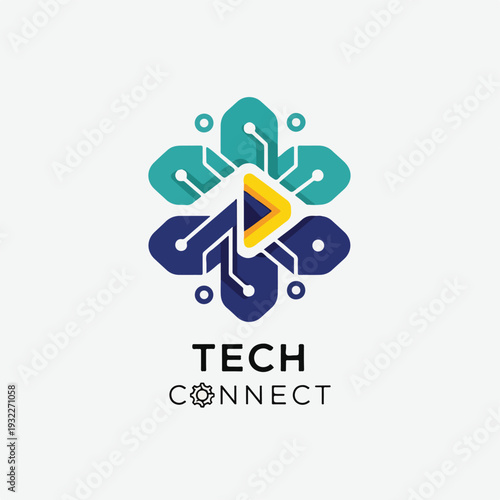 Colorful logo featuring an abstract flower shape with tech elements