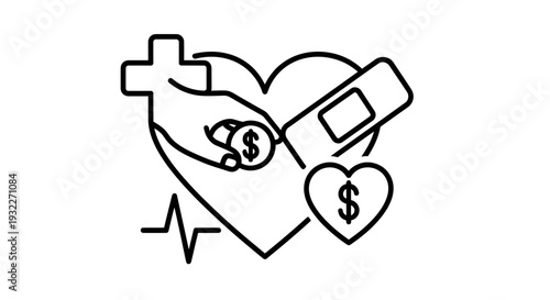 Healthcare Finance Icon: Hand Giving Coin to Heart with Bandage & Cross