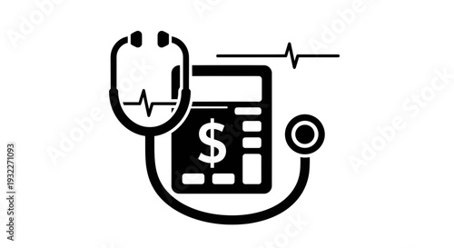 Medical Cost Calculator Icon: Stethoscope, Calculator, Dollar Sign, Heartbeat