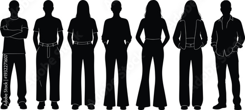 Set of diverse faceless people characters in colorful casual outfits and black silhouettes of standing figures isolated on white background for architectural scale