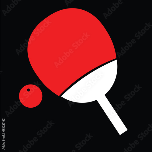 Red and white table tennis paddle and ball on a black background, a simple and modern graphic representing the sport