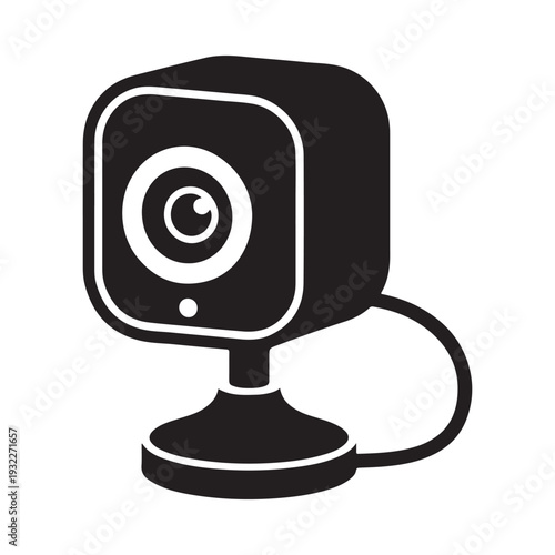Simple black and white icon of a modern security camera with a rounded design
