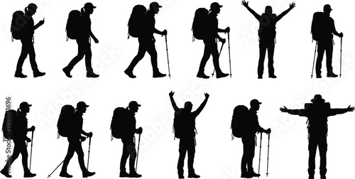 Set of diverse hiker silhouettes basketball player jump shots construction worker figures sports car top views roaring lion mascots and colorful faceless people vector characters