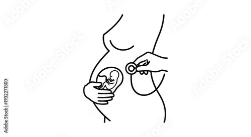 Pregnancy health check: Fetus in womb with stethoscope, black and white line art