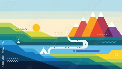 Colorful, minimalist nature scene with a river, mountains, and a sunset