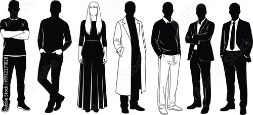 Set of diverse professional people silhouettes and fashion line art characters wearing casual and formal business outfits isolated on a clean white background