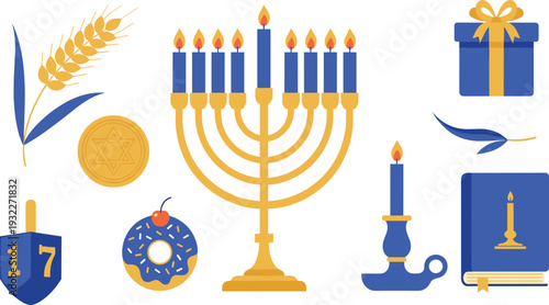 Set of Hanukkah holiday symbols featuring golden menorah with blue candles dreidel star of david coin gift box and traditional donut isolated on white background