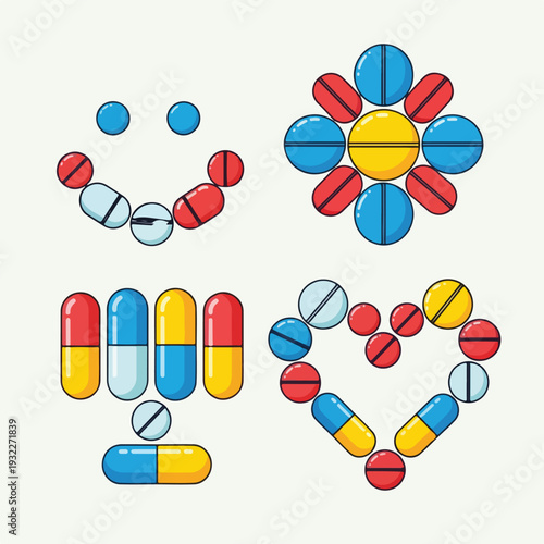 Colorful medicine pills and capsules forming shapes on a white background
