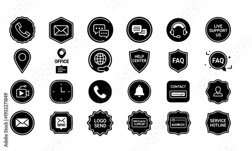 Customer Support Badge Icon Set – Live Chat, FAQ, Help Center and Contact Symbols Vector Collection