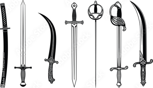 Set of Historical Sword and Dagger Silhouettes Featuring Katana Rapier Scimitar and Medieval Blades Isolated on White Background for Gaming and Fantasy Design
