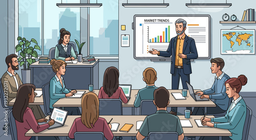 Businessman presenting to colleagues in meeting room.