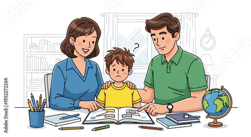 Family Studying Together with Globe and Books.