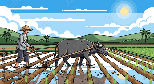 Farmer Plowing Field with Oxen Illustration.