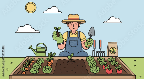 Farmer Tending to Garden with Tools.