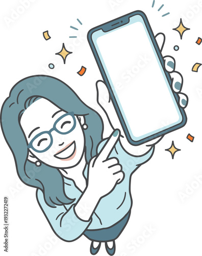 スマートフォン画面を指差しておすすめする笑顔の女性イラスト