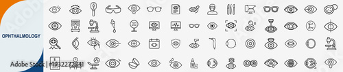 Ophthalmology and eye care icons set, outline symbols for optometry vision check glasses contact lenses and medical optical health vector illustration