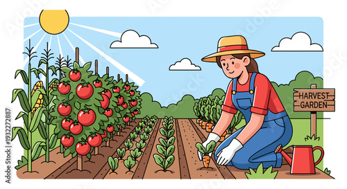 Woman Gardener in Tomato Field Working.