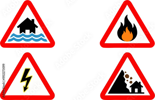 Natural Disaster Warning Triangle Sign Set – Flood, Fire, Electrical Hazard and Landslide Icons Vector