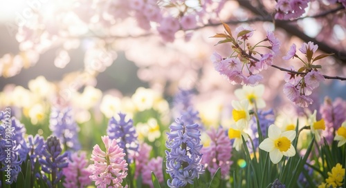 A vibrant field of colorful flowers, including daffodils, hyacinths, and cherry blossoms, blooms under a sunny sky.