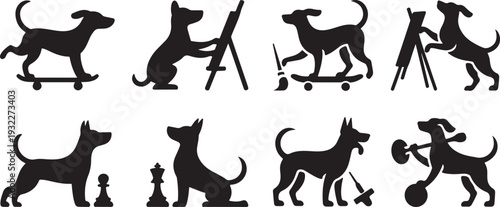 Black silhouettes of various dogs performing different human like activities on a clean white background