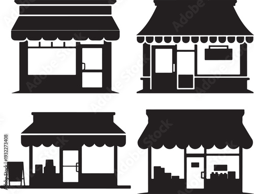 Collection of four diverse black storefront silhouettes showcasing various small retail shop buildings
