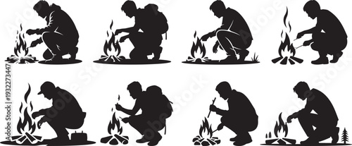 Eight distinct black silhouettes of men tending to campfires during outdoor wilderness adventures