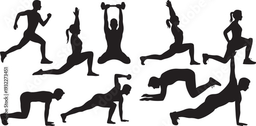 Dynamic silhouettes of people engaging in various fitness and exercise activities