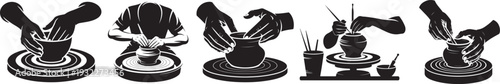 Five black silhouettes depicting the detailed step by step process of creating pottery on a spinning wheel