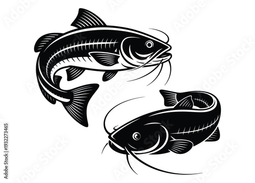 Monochrome Catfish Silhouette, Black and White Catfish Vector Illustration