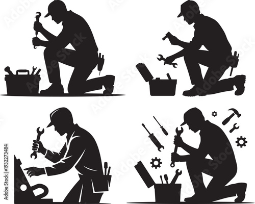 Four distinct black silhouettes show mechanics or repairmen with tools and toolboxes ready to fix things