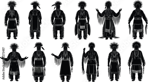 Set of Native American Indian Chief Silhouette Illustrations Wearing Traditional Headdress and Fringed Buckskin Clothing Standing in Various Poses Isolated on White Background