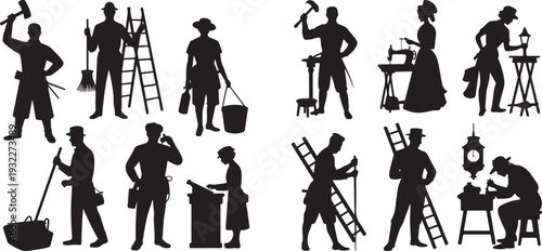 Silhouettes of diverse people engaged in traditional and historical occupations