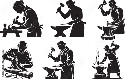 Six strong black silhouettes depict various skilled craftsmen diligently working with their tools and materials