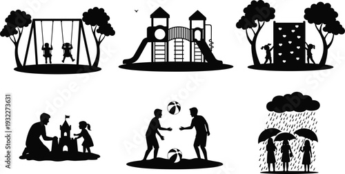Set of silhouettes featuring children playing on swings slides and climbing walls with parents building sandcastles and people walking in rain under umbrellas