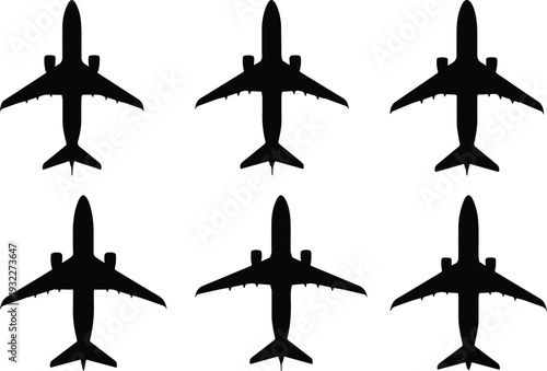 Six black silhouettes of modern passenger airplanes, viewed from directly above, symbolizing global travel, aviation, and efficient air transportation against a clean white background.