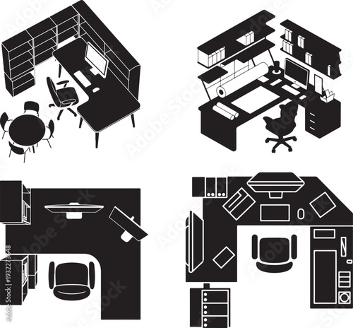 Various overhead views of modern office workstation layouts showing desks chairs and bookshelves