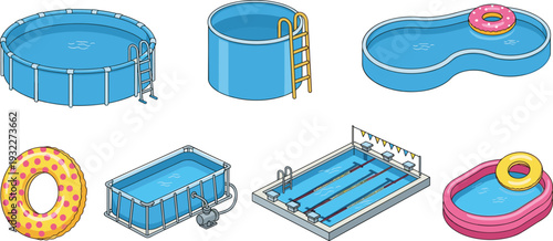 Set of swimming pool icons and inflatable rings featuring round rectangular and kidney shaped pools with ladders filter pump lap pool and colorful swim tubes