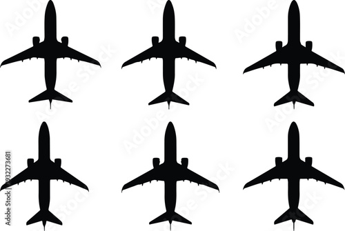 Six black silhouettes of modern passenger airplanes, viewed from directly above, symbolizing global travel, aviation, and efficient air transportation against a clean white background.