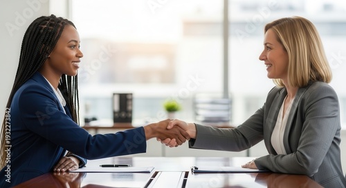 Two businesswomen shaking hands in a modern office setting, symbolizing partnership and agreement.