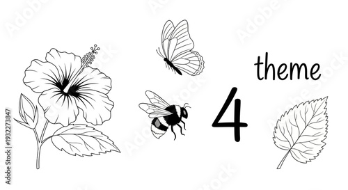 Vibrant floral theme with butterfly bee and leaves