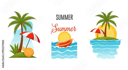 Vibrant summer scenes with palm trees and beach elements