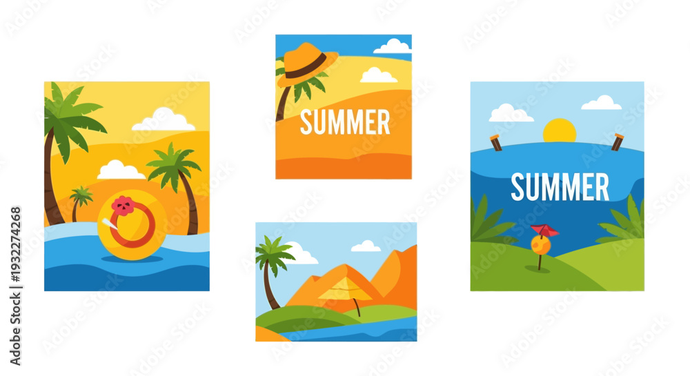 Naklejka premium Vibrant summer scenes with palm trees and beach elements