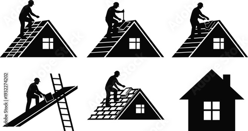 Set of Vector Silhouettes Featuring Construction Workers and Roofers Installing Tiles on House Roofs with Ladders for Home Improvement Renovation and Residential Building Services