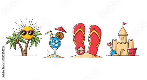 Vibrant beach icons for summer fun and relaxation