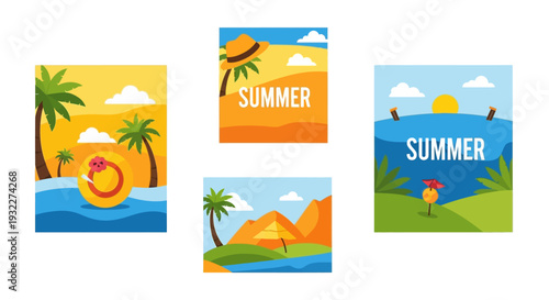 Vibrant summer scenes with palm trees and beach elements