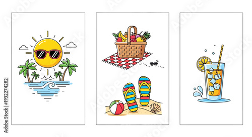 Vibrant summer icons set with beach elements and refreshing drink